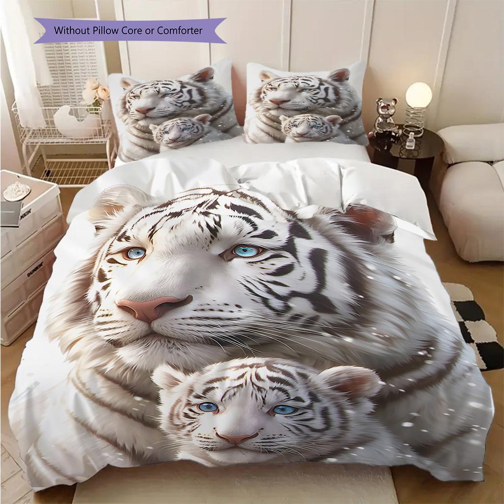 White Tiger Pattern Bedding Quilt Set Quilt Cover Pillowcase Home Decoration Birthday Gift (1 * Duvet Cover + 2 * Pillowcase, Without Core)