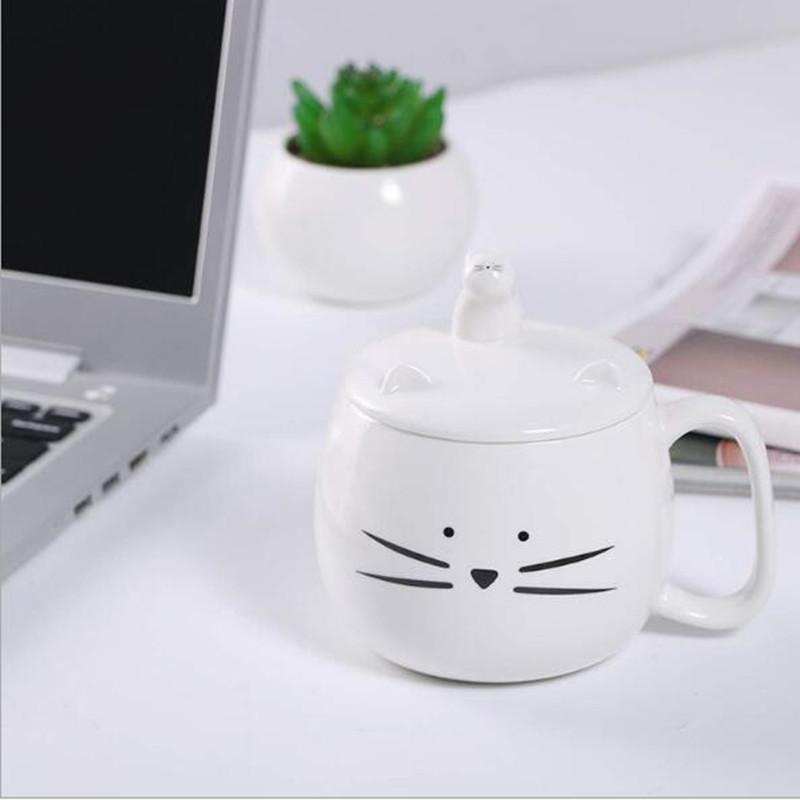 420ml Cut Cat Shaped Mug with Lid Large Capacity 14oz Ceramic Milk Coffee Cup with Mobile Phone Holder Kawaii Black White