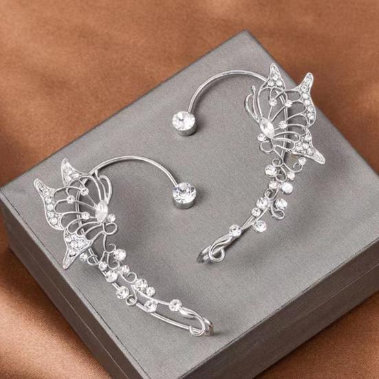 1 Pair Women Prom Ear Cuffs Non-pierced Ear Clips Butterfly Wings Rhinestone Earrings Anti-slip Lightweight