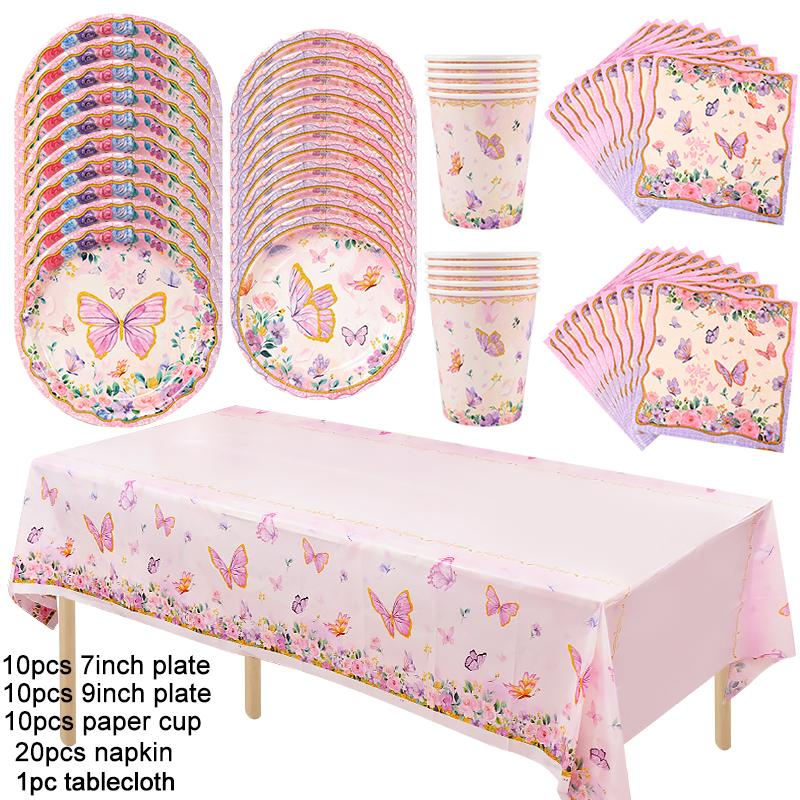 Pink Butterfly Disposable Tableware Set Paper Plates Cup Tablecloth Girls Butterfly Theme Birthday Party Decoration Supplies