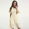 Summer Elegant Women Solid Short Sleeve Fashion Bandage Pleated Midi Dress