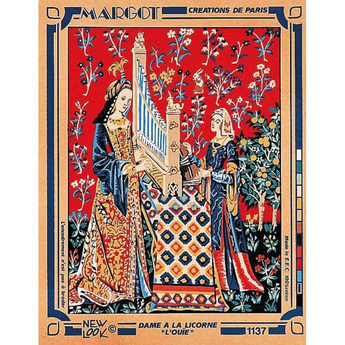 Canevas Pénélope Antique Dame à la licorne l'Ouïe 40x50cm