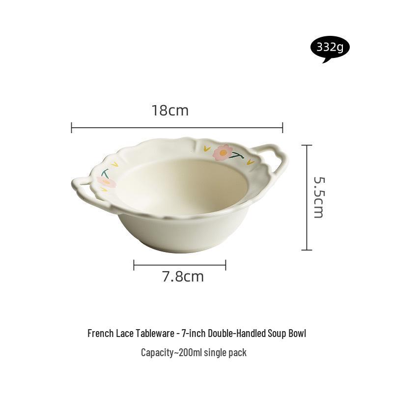 Hand-Painted Floral Tableware: French Countryside Plate & Lace Ceramic Rice Bowl