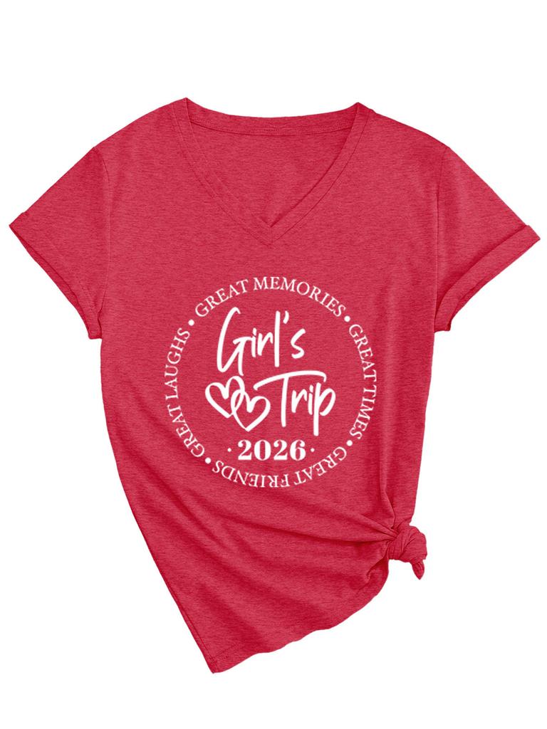 Casual and Comfortable Women's Girl's Trip Temperament V-neck Short-sleeved T-shirt