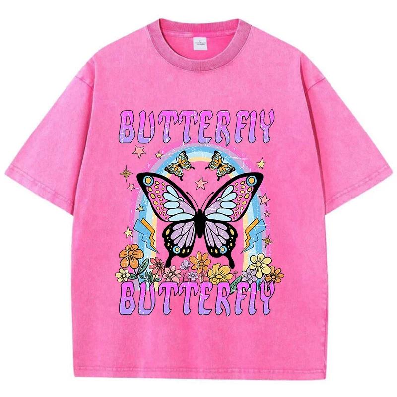 Oversized Women Washed T-Shirts Rainbow And Butterfly Printed Tee Shirts Cotton Oversize Tees Vintage Female Clothes