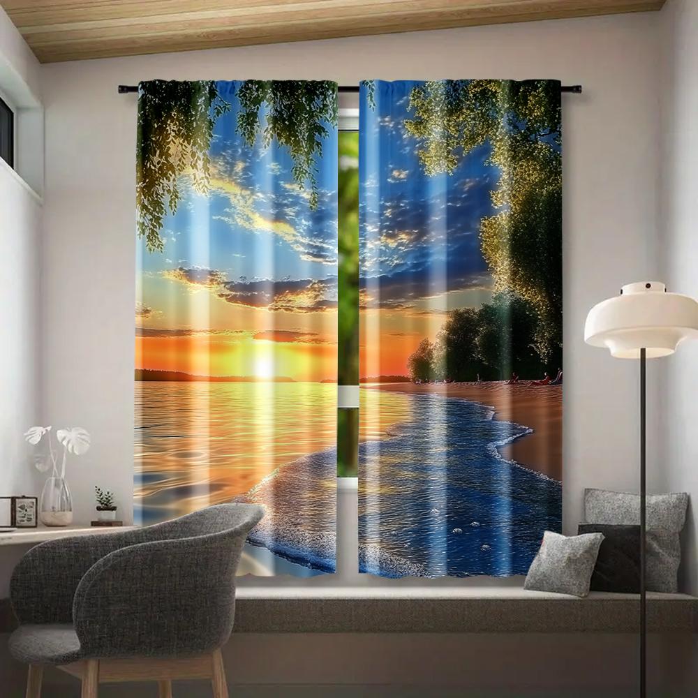 

2 шт., Шторы для окон Пляжный восход закат природный пейзаж Универсальная полиэстеровая ткань, Без электричества Идеально для семейной вечеринки 29x65in(75x166cm)