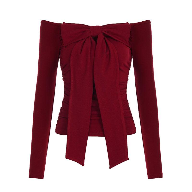 Koreanischer Stil Schulterfreies Raff-Schleifen-Oberteil für Herbst/Winter: Trendiges schmal geschnittenes Weihnachts-T-Shirt