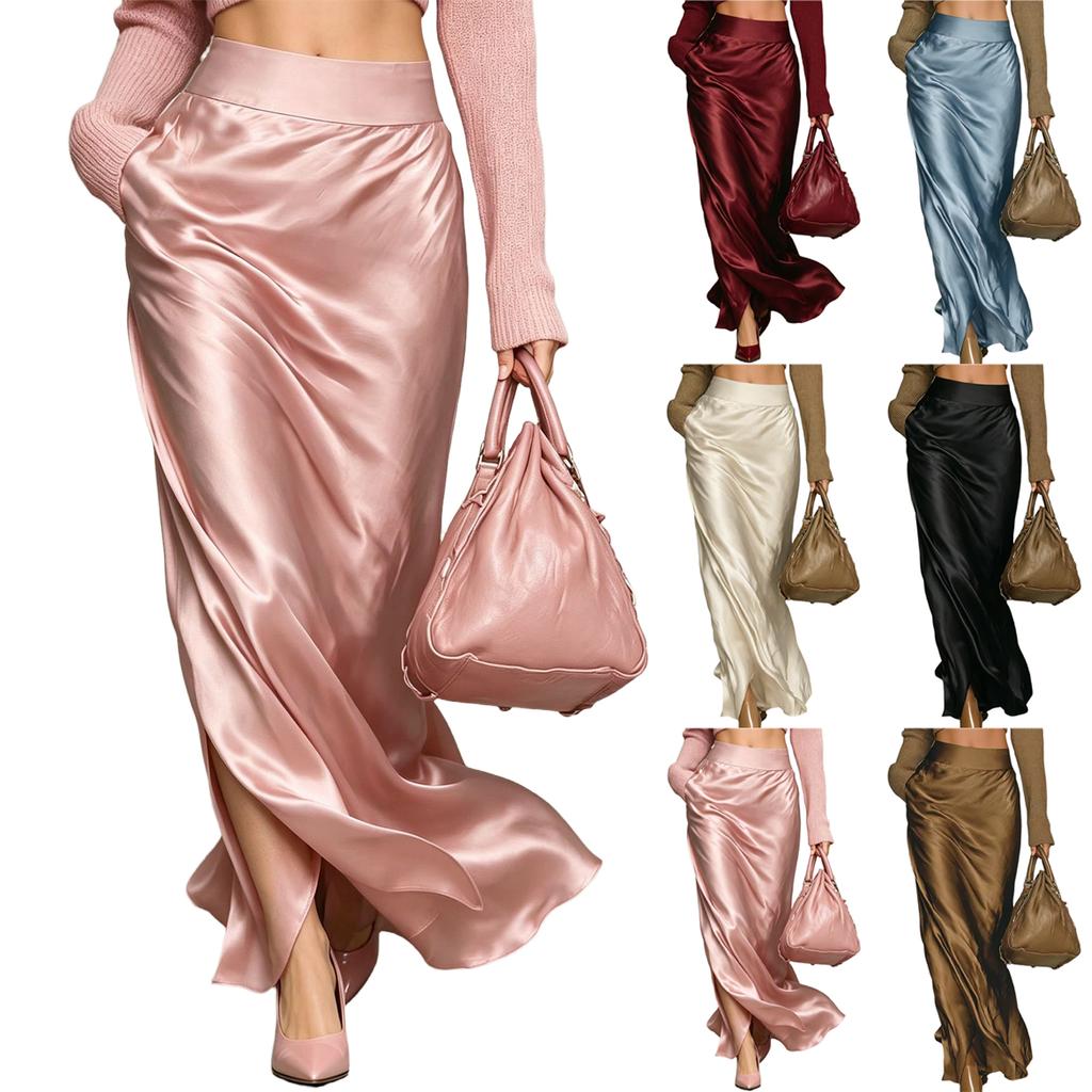 Women's Color Satin A-Line Skirt with High Waist and Elastic Waistband