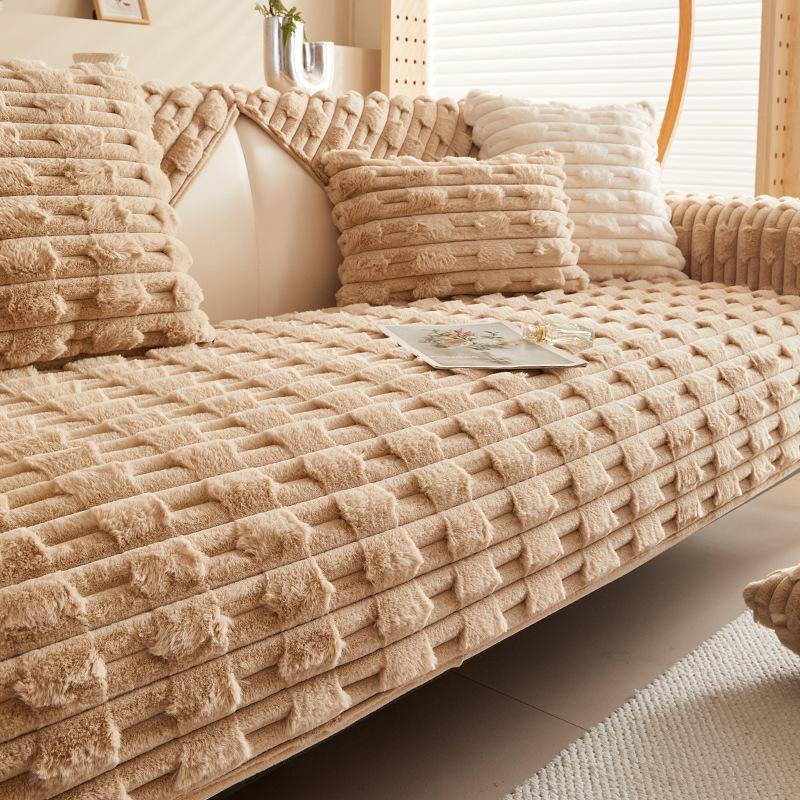 Rabbit Plush Sofa Cushion Winter Thickened Anti Slip Seat Cushion Simple Modern Solid Color Sofa Cover