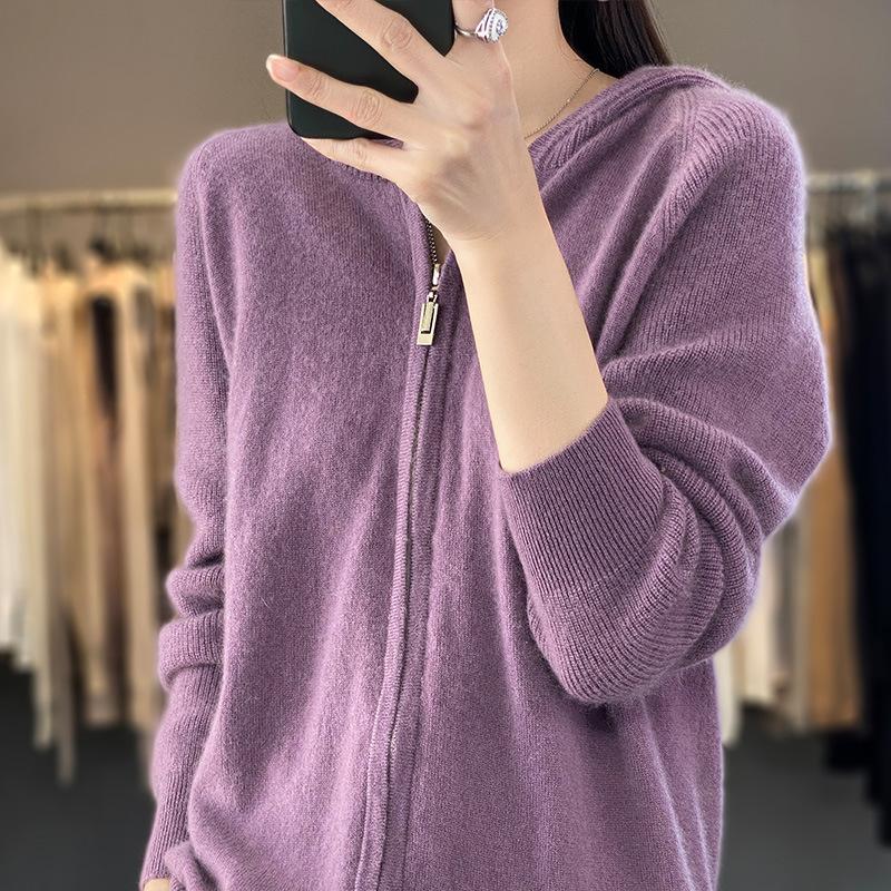 Zipper Long-sleeved Hooded Knitted Cardigan Women's Short Jacket Lazy Sweater Loose Casual Solid Color Top