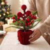 Holiday Table Plants Velvet Christmas Ball Potted Plants, Mini Tree with Artificial Pine, Desktop Red Berry, Fabric Bow, Tabletop Centerpiece for Xmas