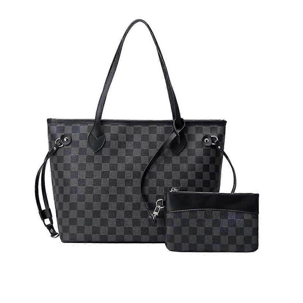 (Schwarz) Damen Karierte Tote Schultertasche Geldbörse PU Leder Handtasche Tasche Mit Innentasche