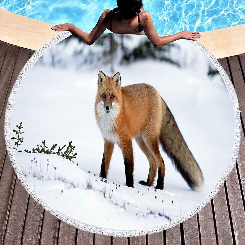 Kawaii Fox Round Beach Towel,Wild Animal Print Beach Blanket,Soft Woodland Animal Themed Rustic Fox Print Pool Towel Picnic Mat