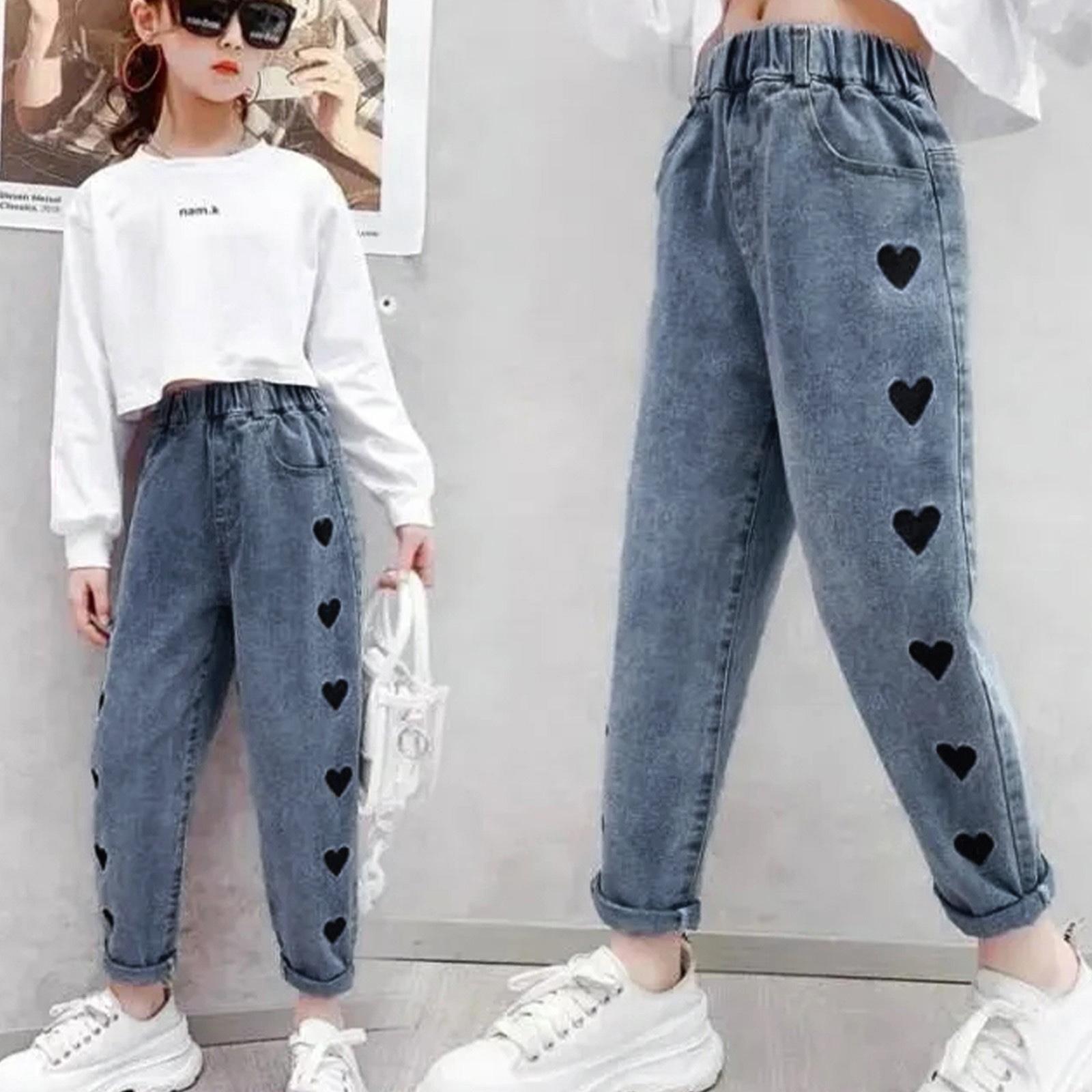 Girls Denim Pants with Heart Embroidery Pockets Elastic Waist Casual Loose Fit Jeans for Kids Toddler Children Teenagers 100 синий