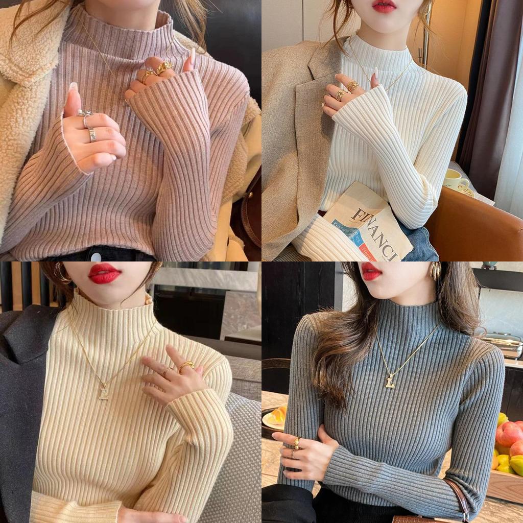 Womens Knit Sweater With Stand Collar And Spliced Design For Elegant Office Wear