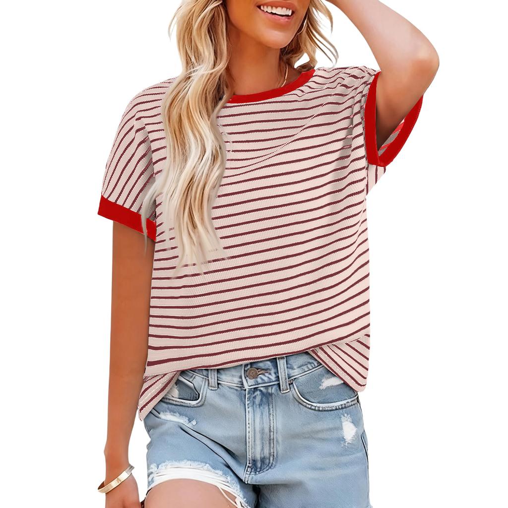 Dames Casual Gestreept Gebreid Top met Korte Mouwen