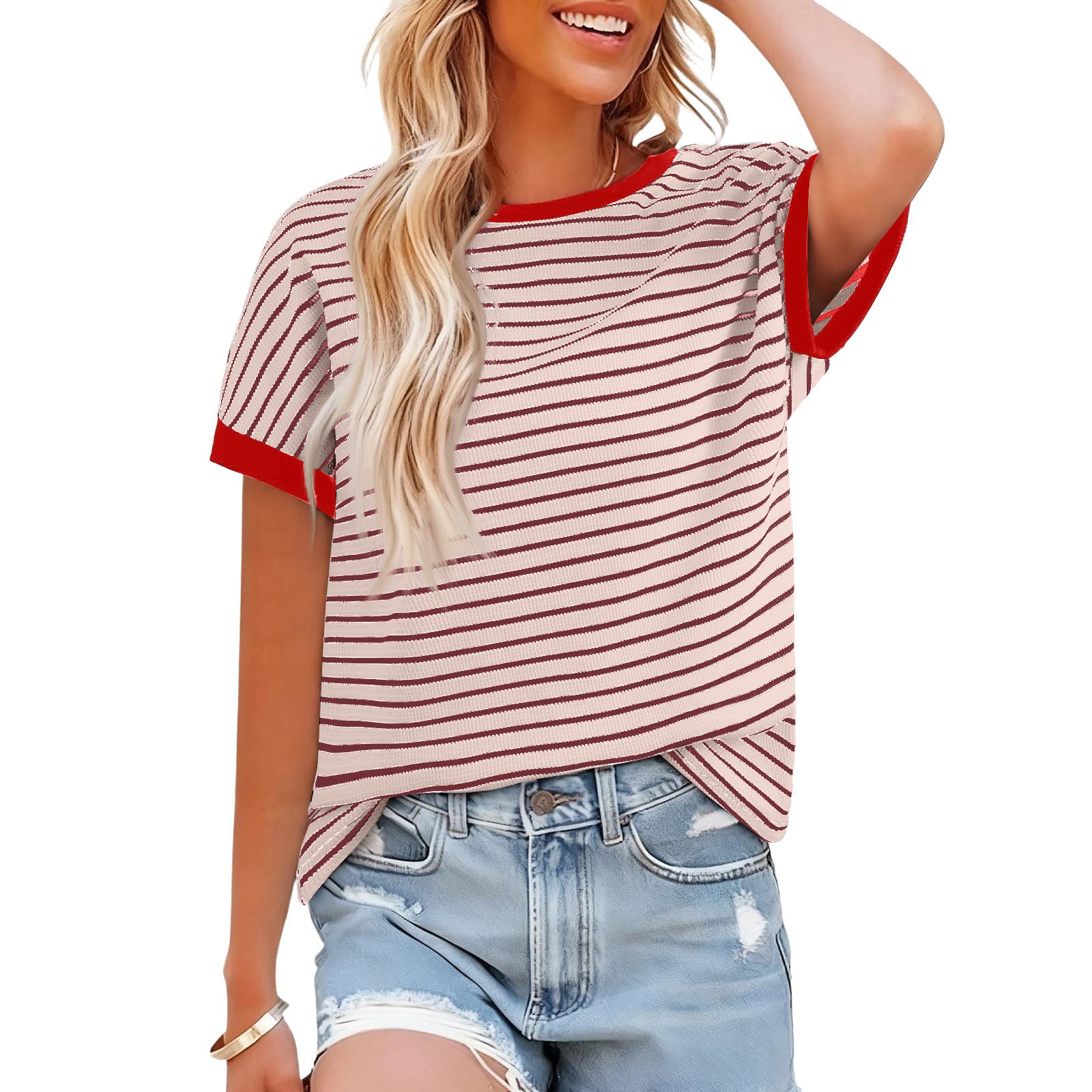 

Жіночий повсякденний смугастий топ з коротким рукавом XL червоний