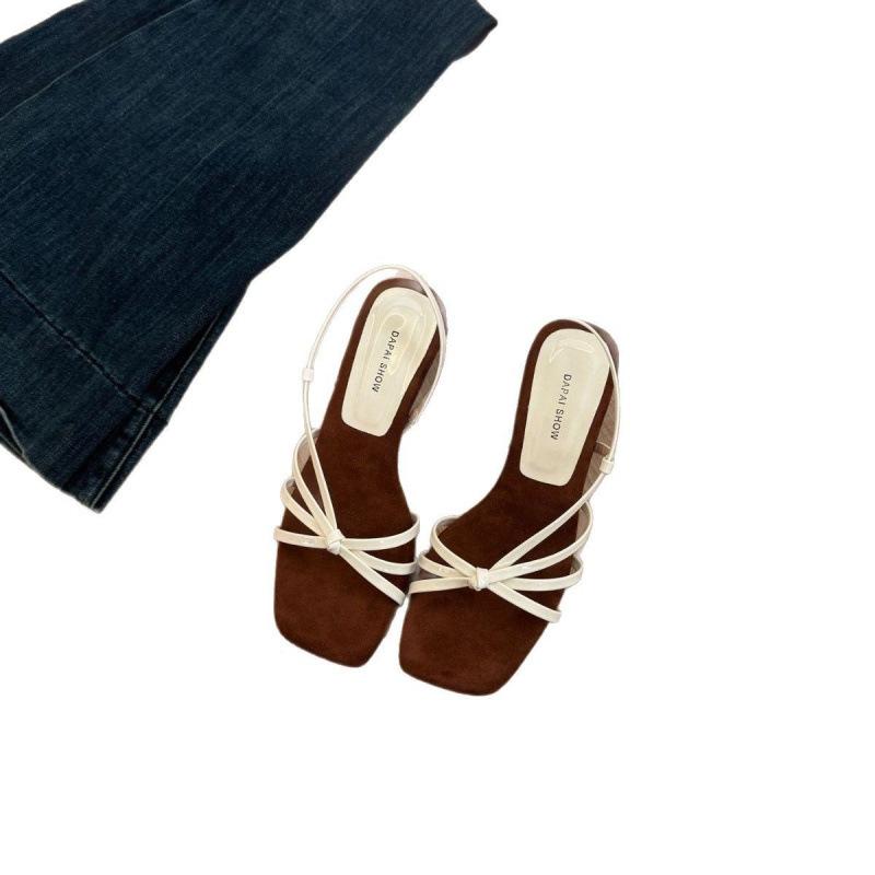 Fairy wind gentle weaving temperament square head open-toed sandals female French design thick heel cool slippers