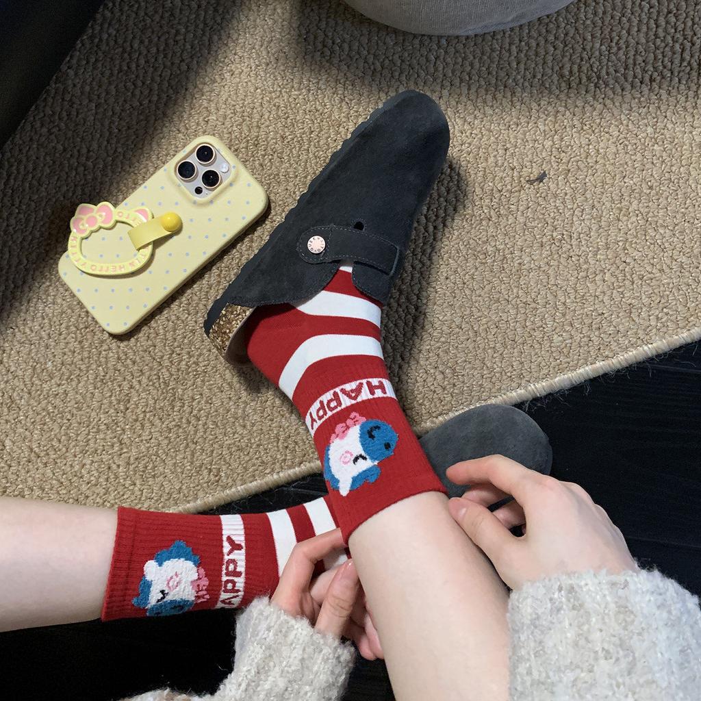 New Year'S Red Socks Women'S Horse Year Birthday Year Autumn And Winter Stacking Socks Thickened Warm Calf Socks Pony Embroidered Cotton Socks