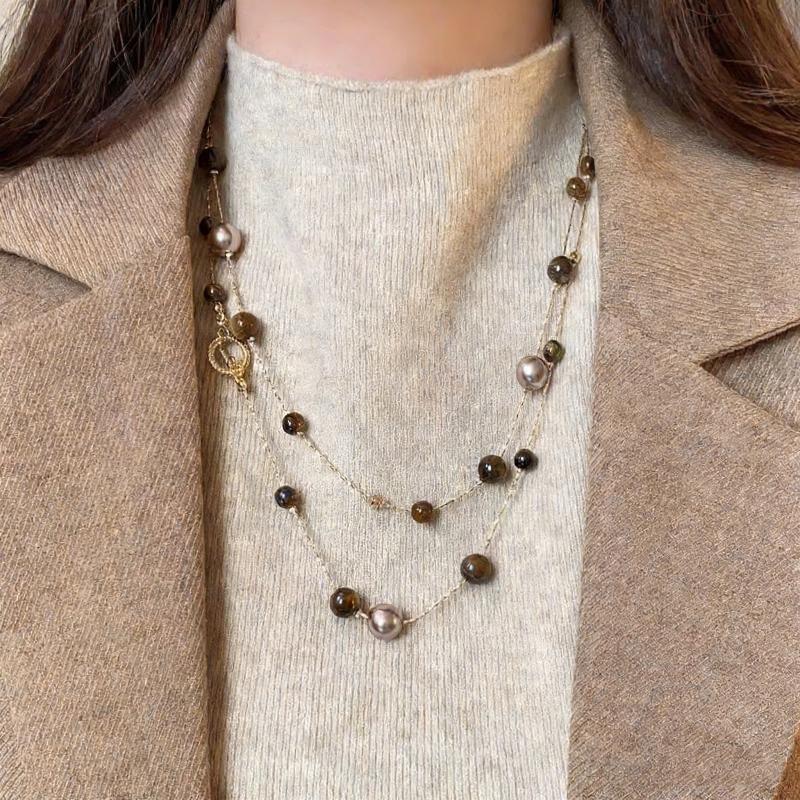1Pcs Retro Stackable Glass Bead Sweater Neck Chain Multi-layer Tiger's Eye Stone Necklaces For Women Charms Jewelry Gifts