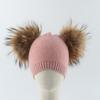 Kids Winter Knit Beanie Hat With Double Faux Fur Pom Poms Warm Rabbit Wool Blend Girls Boys