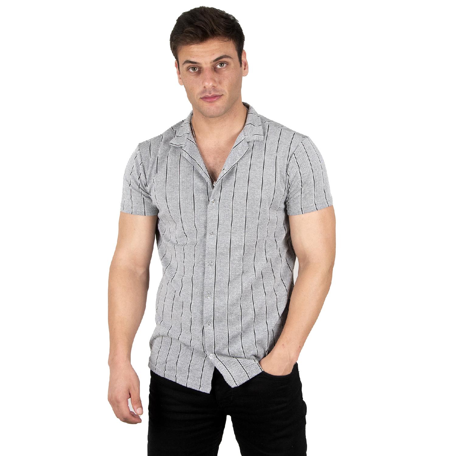 

Мужская серо-черная рубашка из чесаного хлопка с короткими рукавами и рисунком в полоску из лайкры 2023426