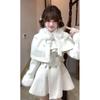 Elegant Miss White Women's Bow Waist-Cinching Cloak Dress Set - Spring/Autumn Two-Piece