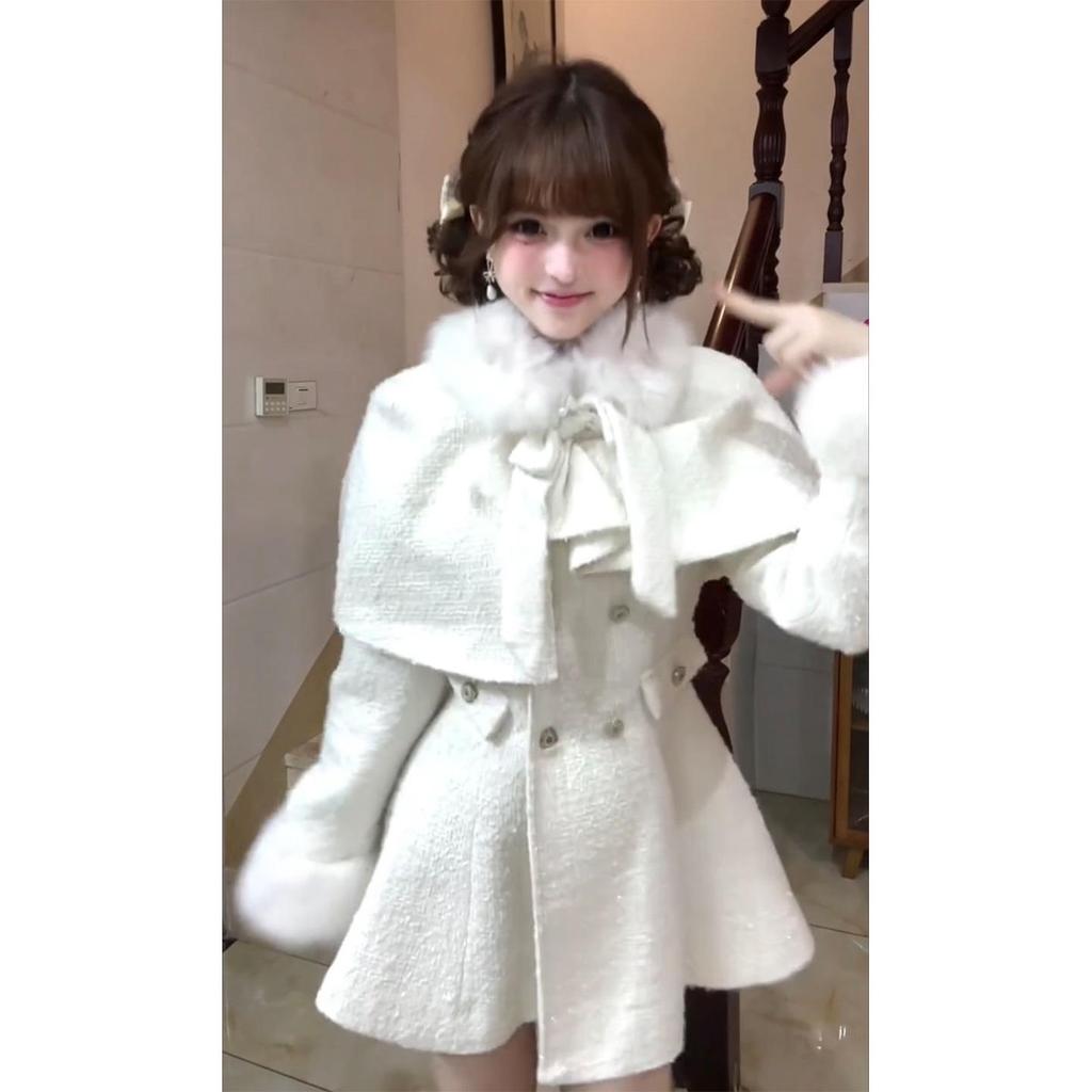 Elegant Miss White Women's Bow Waist-Cinching Cloak Dress Set - Spring/Autumn Two-Piece