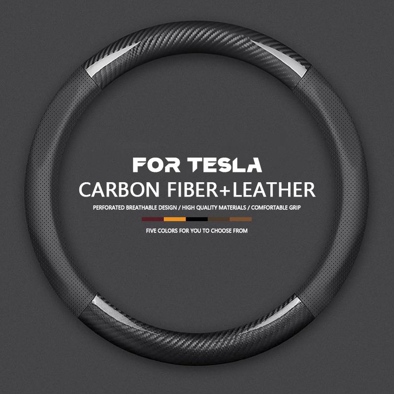 Fits For Tesla Model 3 Model X Model S Model Y Car Carbon Fiber Leather Steering Wheel Cover Car Interior Decorative Accessories