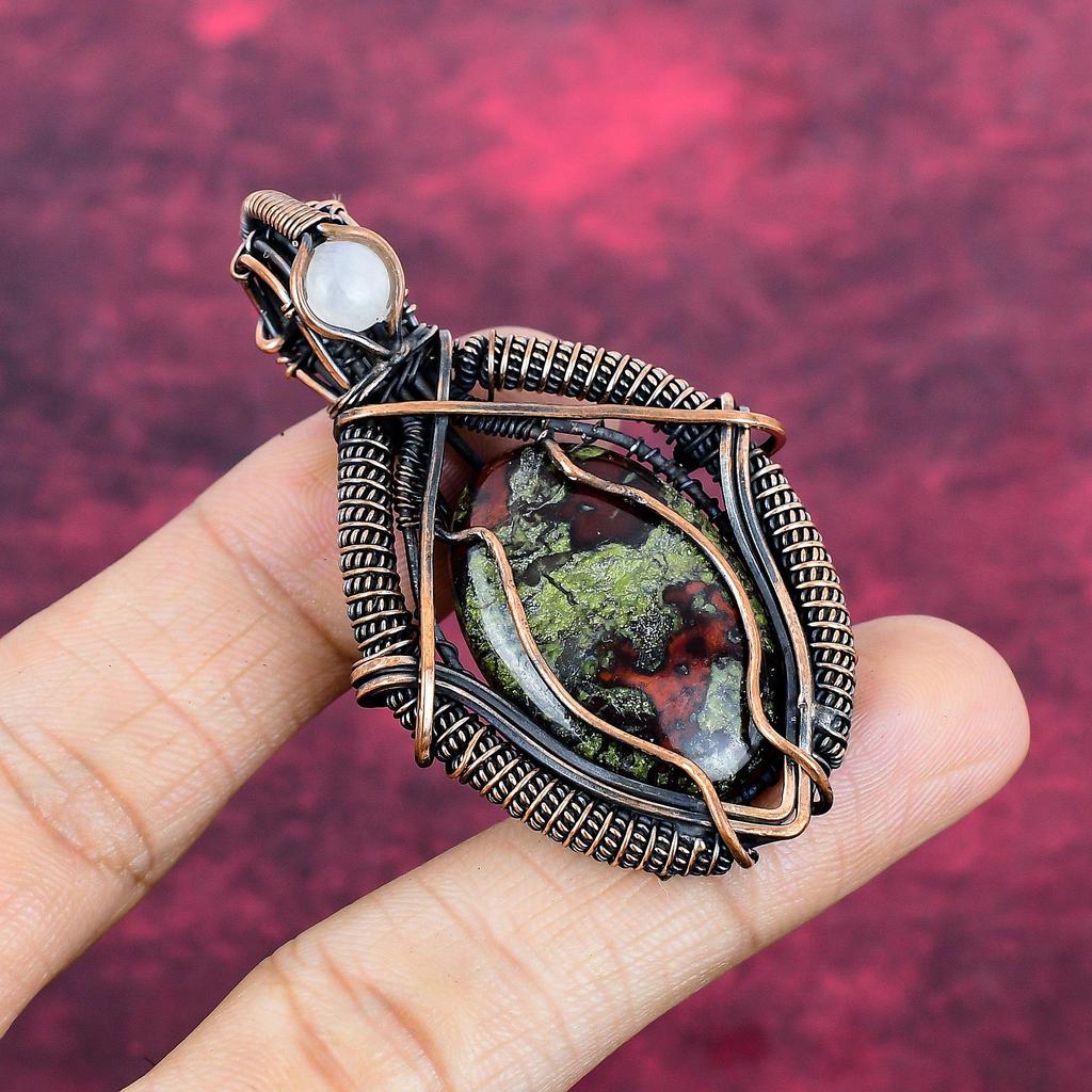 Dragon Bloodstone Gemstone Pendant Copper Wire Wrapped Rainbow Moonstone Jewelry