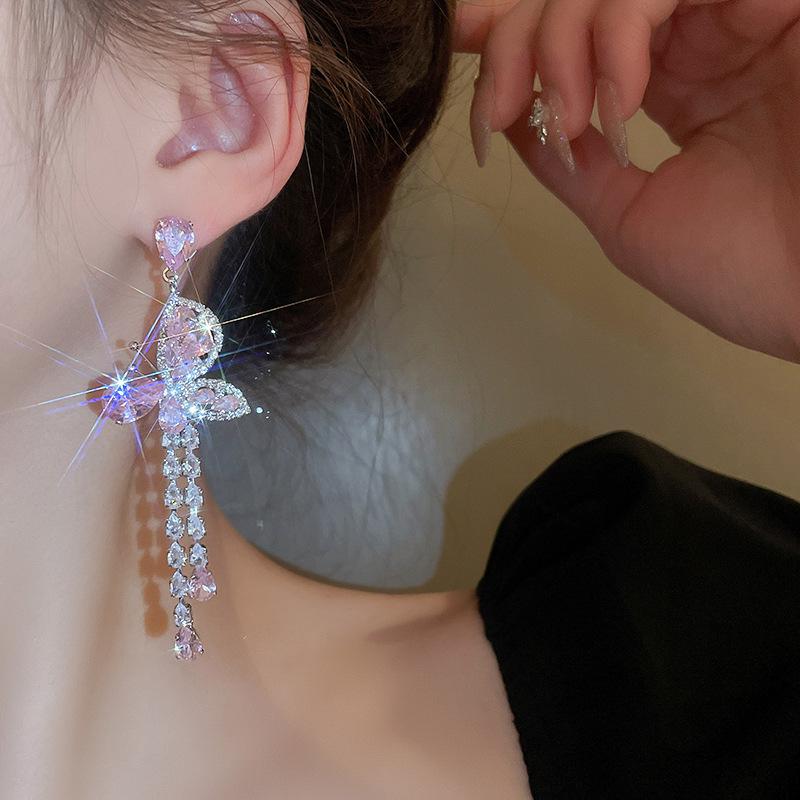 Elegant Zircon Butterfly Teardrop Tassel Silver Earrings - Light Luxury Style for Women