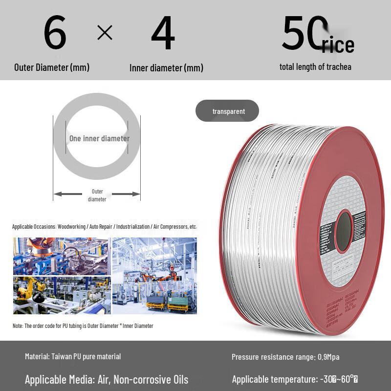 Jingzhouyuan Pneumatic Transparent PU Air Hose OD 6mm x ID 4mm, 50m