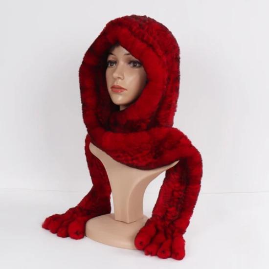 Winter Women Knitted Real Rex Rabbit Fur Hat Scarf Natural Soft Rex Rabbit Fur Hat Lady Warm Genuine Rabbit Fur Cap Scarves