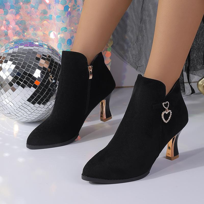 New thin-heeled mid-heeled pointed fleece boots and bare boots in autumn and winter, short tube, solid color high heel.