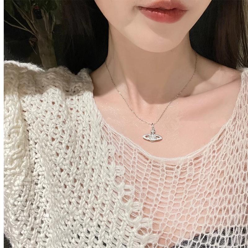 Vw Xijia Same Micro-Inlaid Diamond Three-Dimensional Saturn Necklace High Version Planet Pendant Light Luxury Versatile Accessories Women