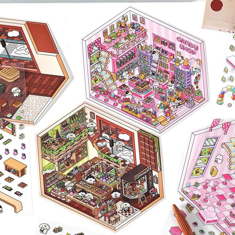 1Set Cartoon 3D Landscape Stickers Pocket Cabin Scene Stacking Pasting Stickers Diy Decoration Stickers Festival Birthday Gifts