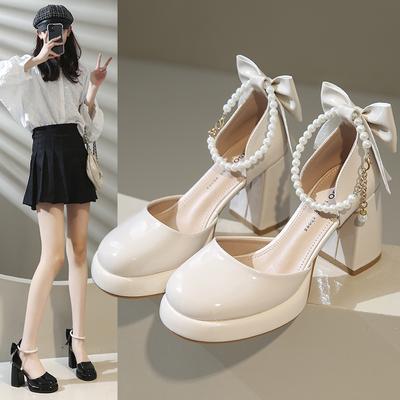 Fashion Leather Mary Jane Square Toe Thick Heel High Heels Shoes for Womens Pumps French Retro Platform Pearl Bow Shoe Sandals