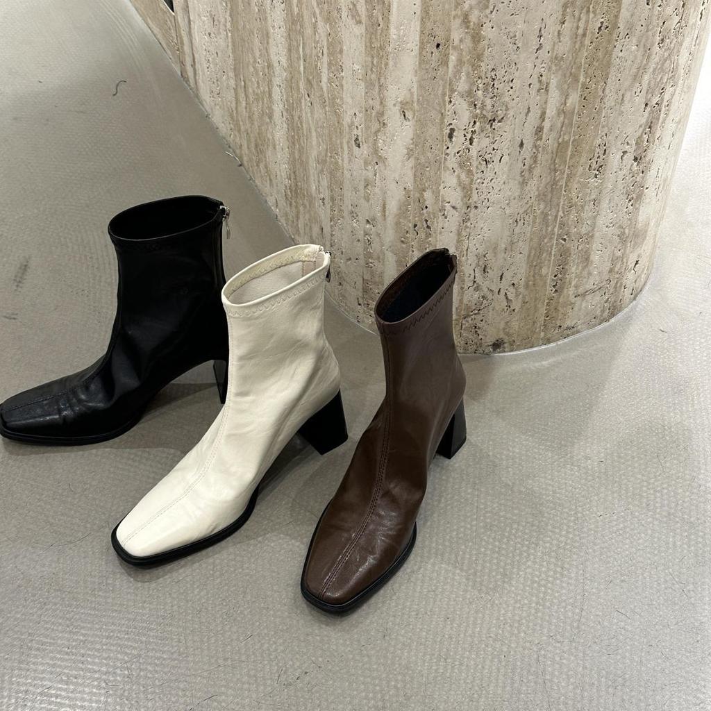 Soft leather brown round head short boots women's high heel thick heel rear zipper 2025 new winter Korean version elastic thin boots