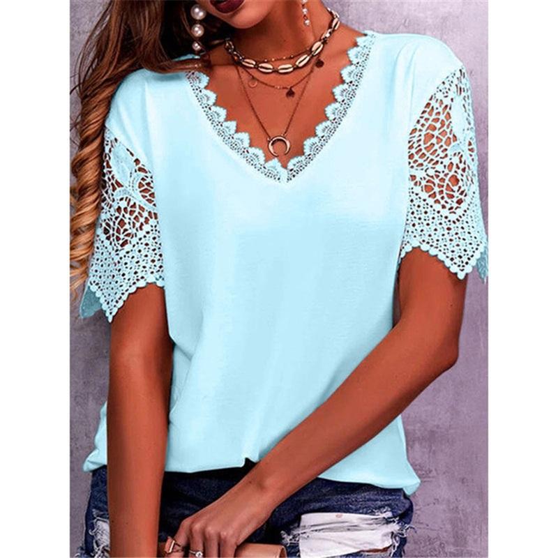 Damen T-Shirt Spitze Stickerei Locker V-Ausschnitt Kurzarm T-Shirt