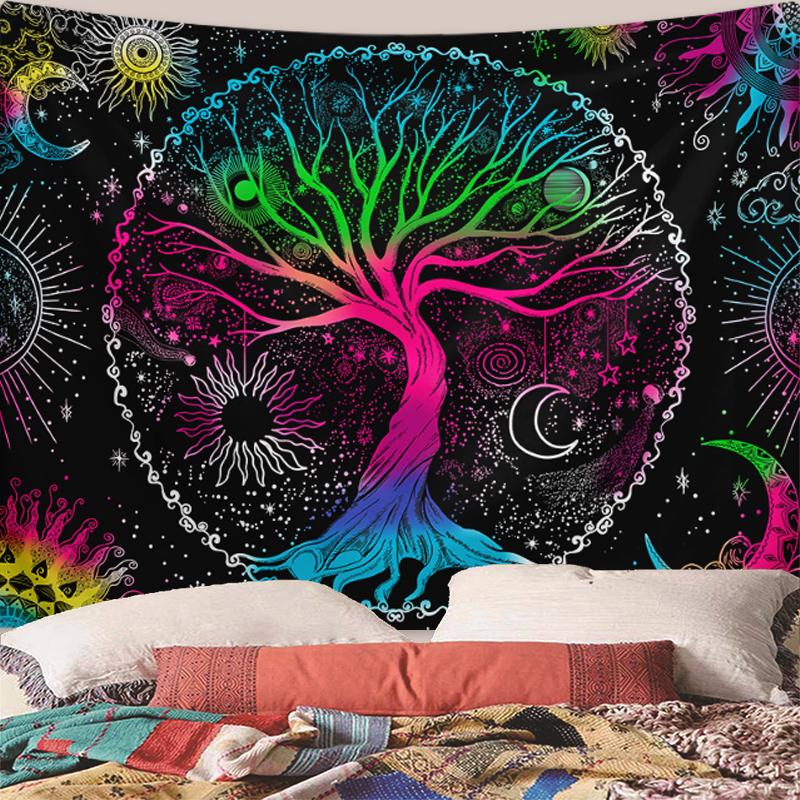 1pc Tree of Life Tapestry Wall Hanging, Aesthetic Galaxy Sun Moon Starry Sky Tapestry, Home Living Room Bedroom Decoration