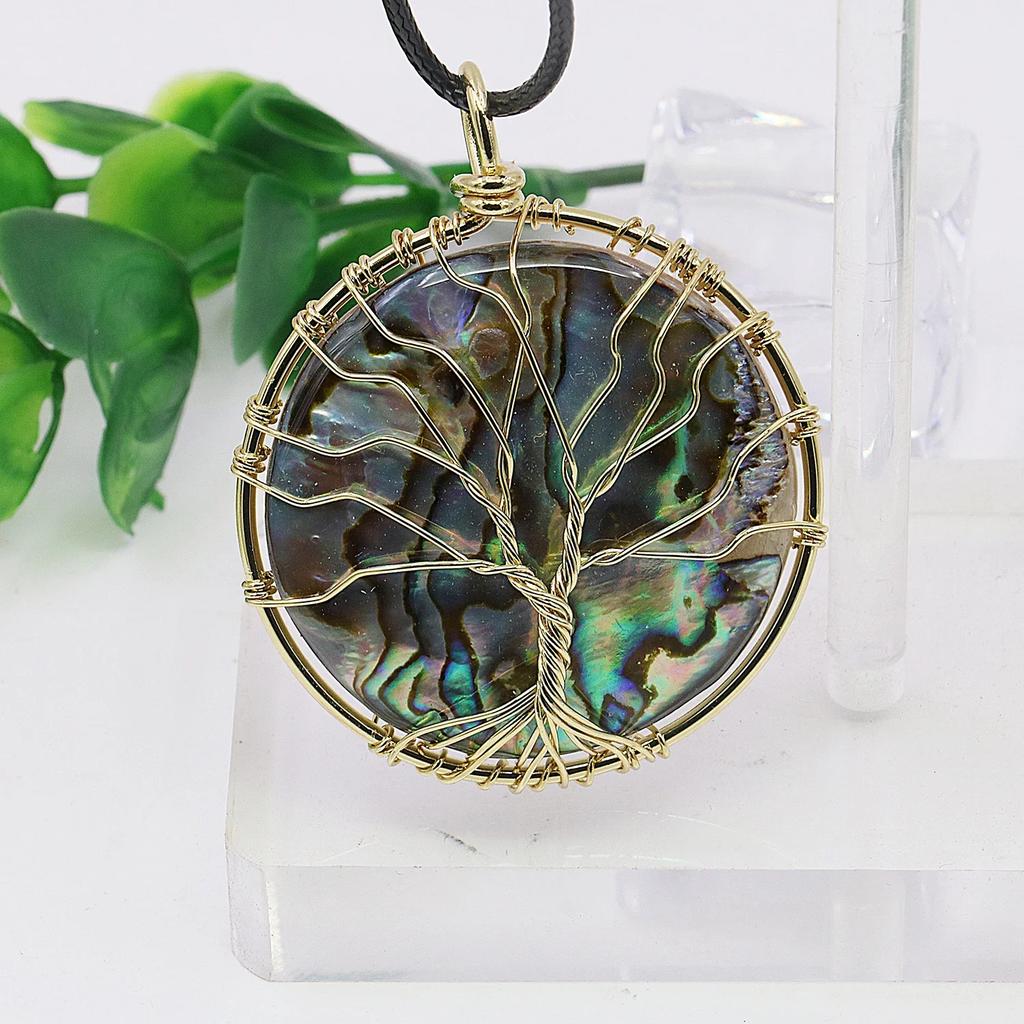 45mm Natural Round Shell Pendant,Tree of Life Necklace,black/white,Men/women Wearable,Complimentary Leather Chain,Friends Gifts