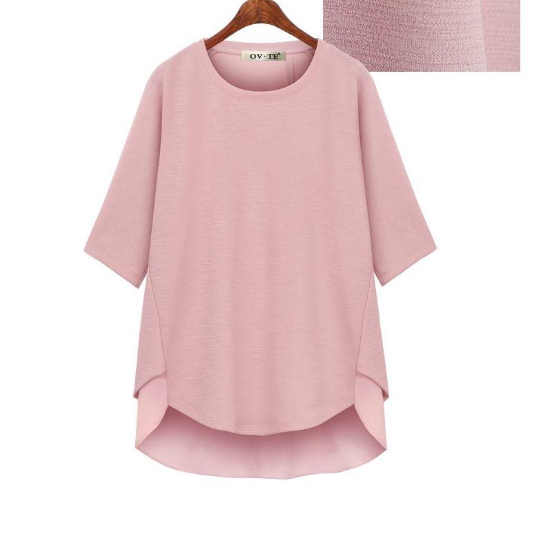 

European and American-Style Front Short Back Long Double-Piece Casual 3/4 Sleeve T-shirt Pink Plus size 2XL