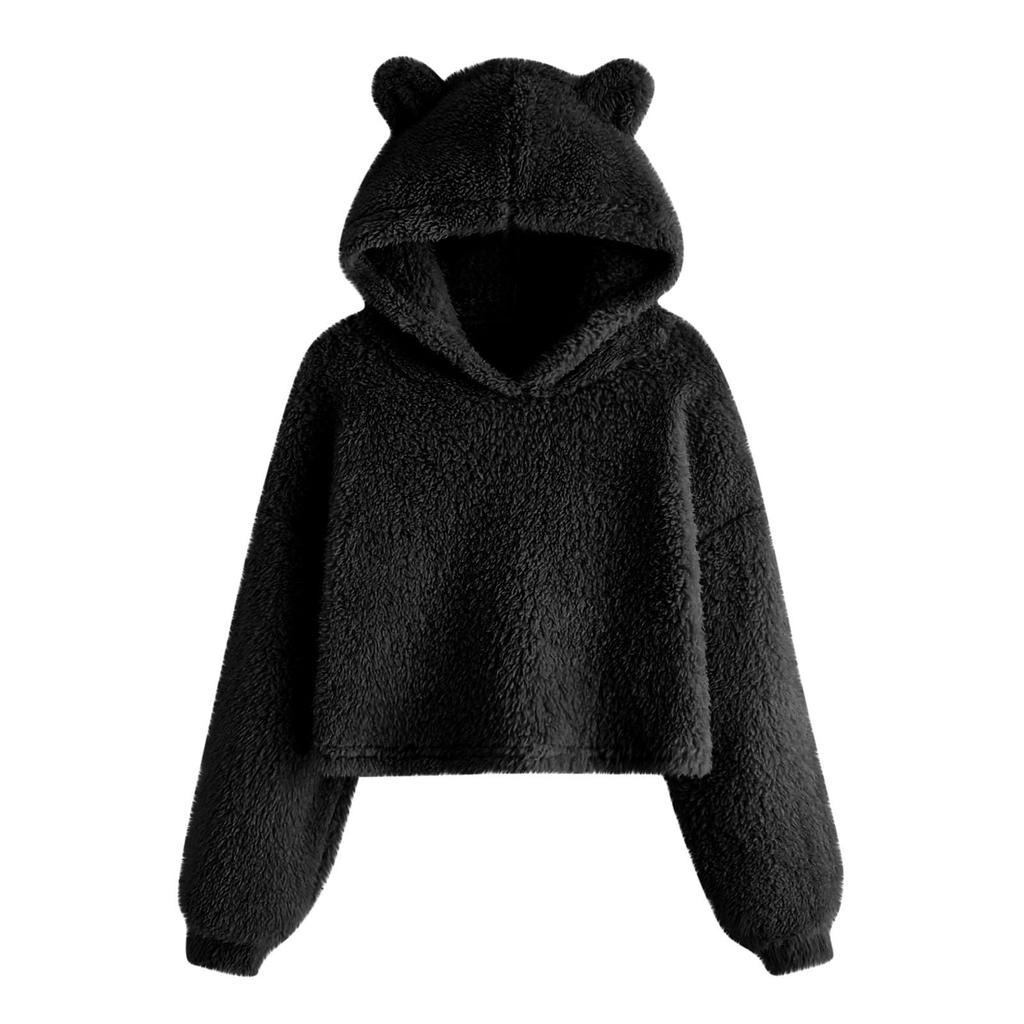 Girls' Fashion Solid Color Pullover Casual  Fleece  Ears Hooded Warm Sweater Sweatshirt