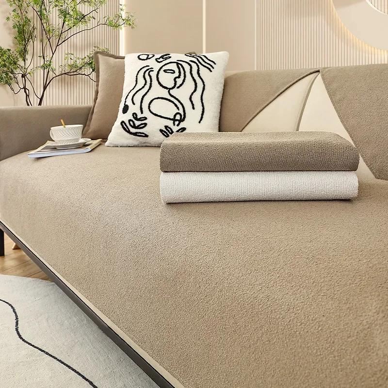 Thick waterproof Sofas Cover Plush Pure Colors Anti cat paw Soft Towel Lamb Wool Non-slip Cushion for Living Room Home Decor