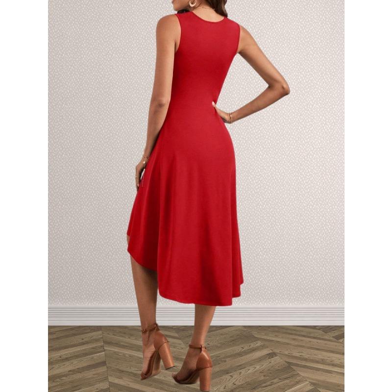 Solid Color Round Neck Sleeveless Pullover Midi Dress For Women Casual Commuting