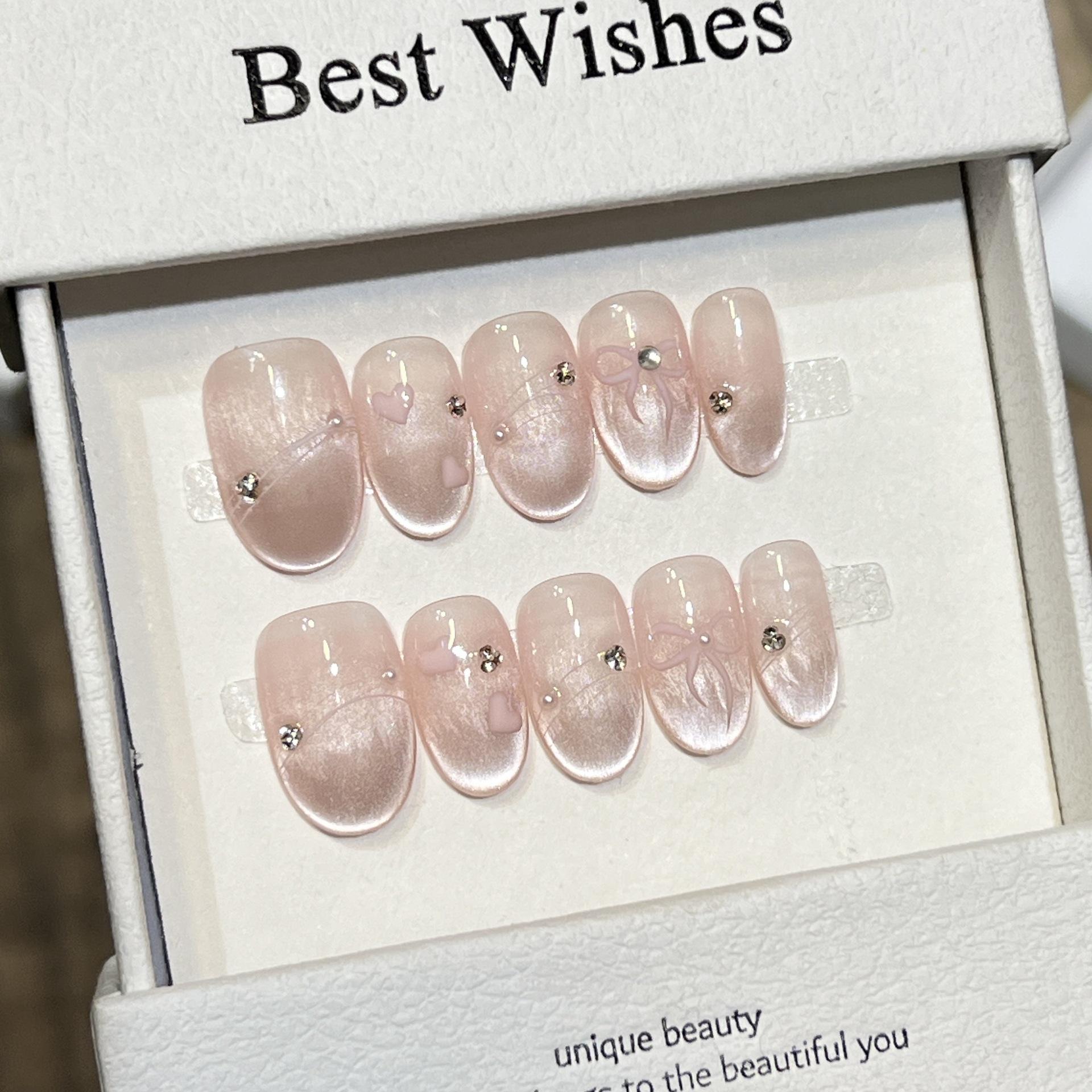 

Handmade Pink Cat Eye French Summer Short Nails – Removable Daily Wear Manicure Large