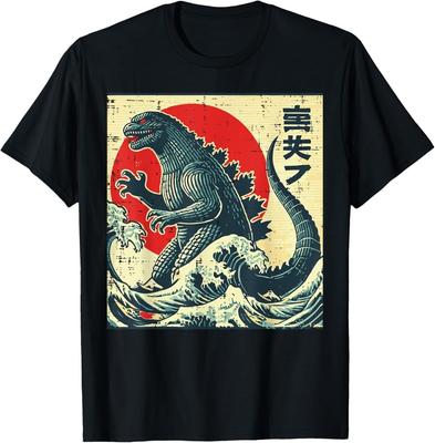 Japanisches Kaiju Monster Wellen Retro Ukiyo Kunst Damen Herren Kinder Unisex T-Shirt