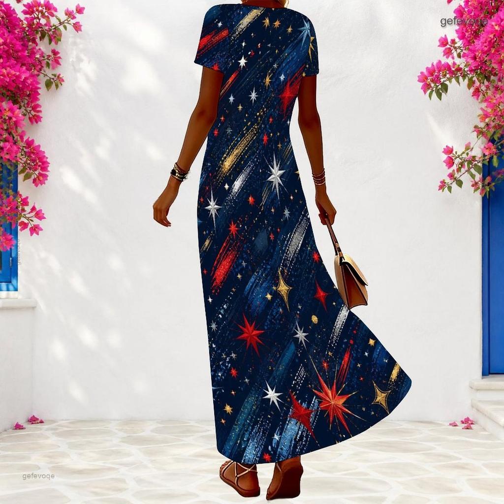 Women Plus Size V Neck Short Sleeve White Printed Maxi Dress