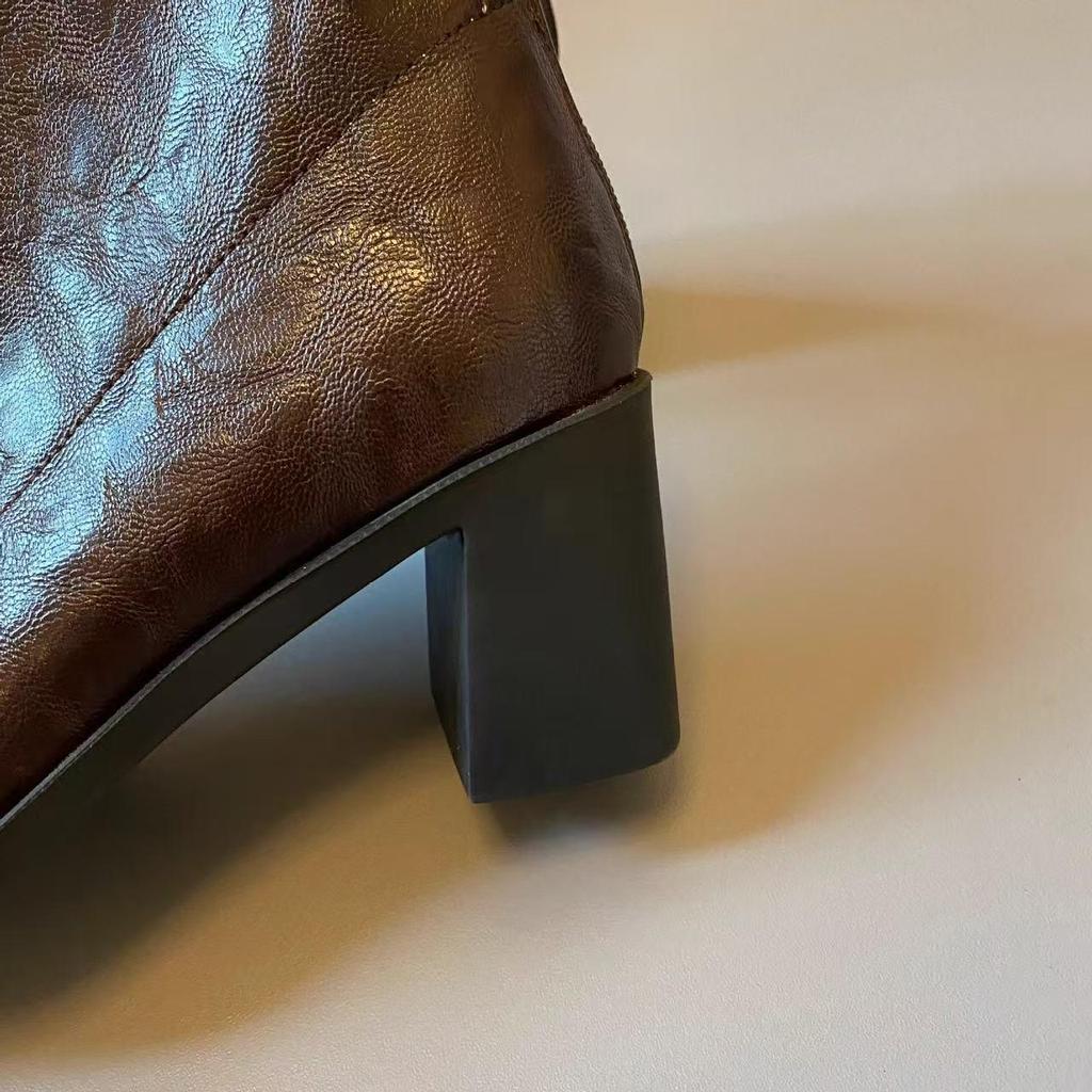Silent-Sole High-Heeled Stretch Ankle Boots: Retro Chunky Style for Urban Autumn/Winter Commutes