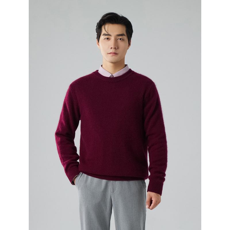 Men's Winter 2025 Cashmere Round Neck Sweater - Thick, Long Sleeve, Business Casual, Solid Color Knit Base Layer